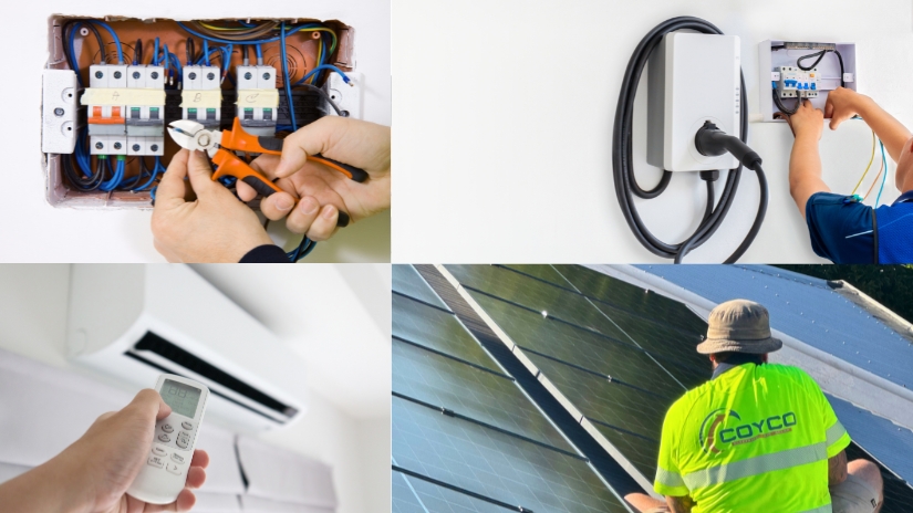 Collage of solar panels, aircon units, and electrical gear installed in WA homes