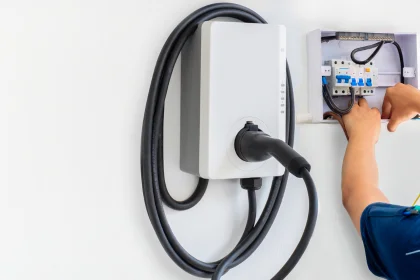 Wall mounted EV charger in garage with Coyco electrician sorting out the wiring