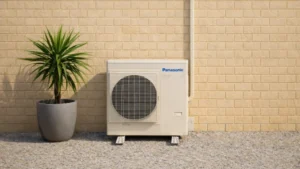 Panasonic Air conditioner outside unit installed with plant in pot next to it for COYCO and best air conditioner for Rockingham