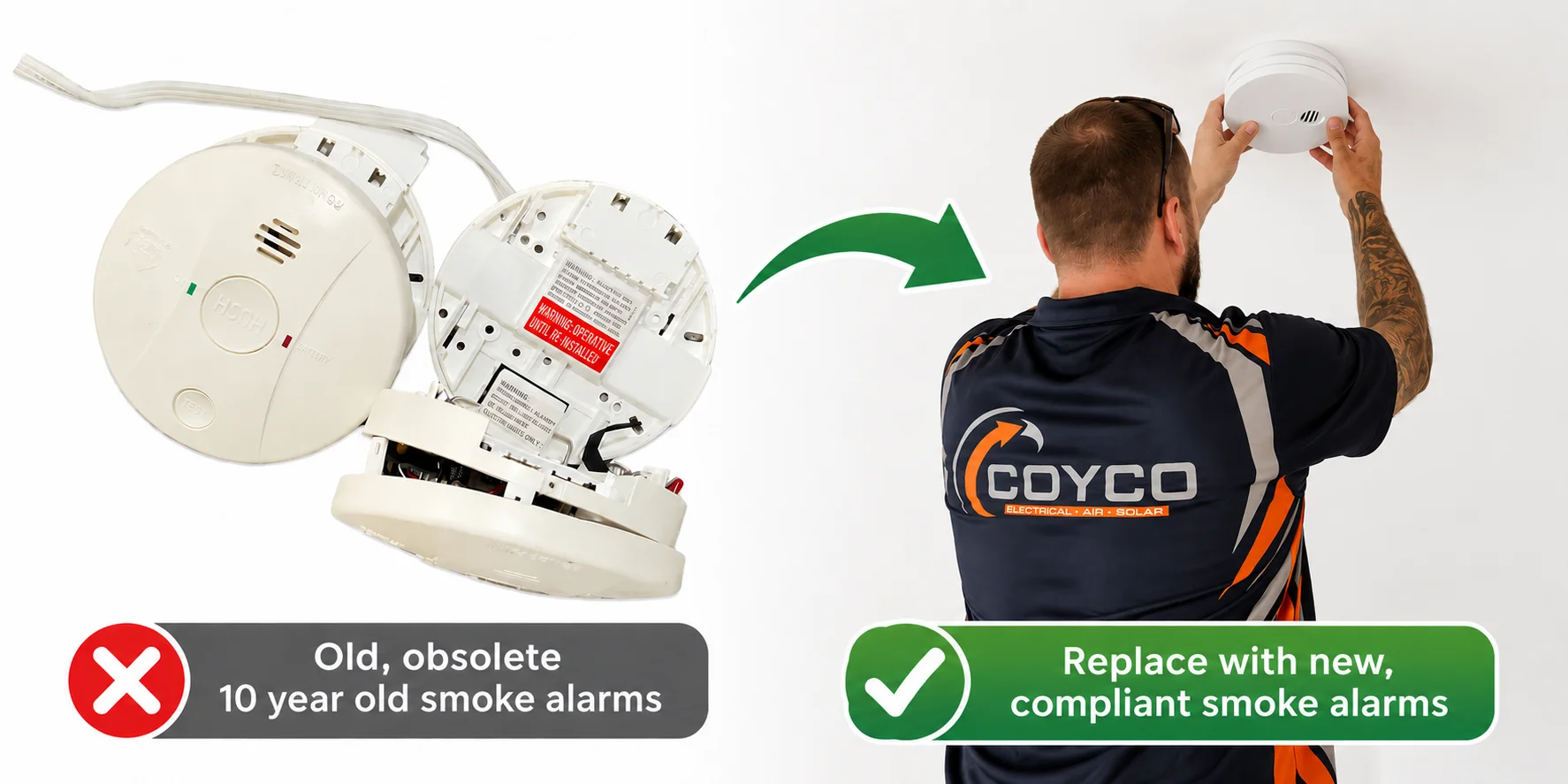two old smoke alarms on left with text stating old obsoltete 10 year old smoke alarms and on right coyco electrician replacing with new smoke alarm