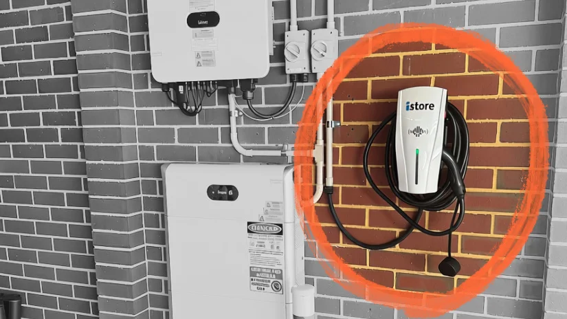 type 2 ev charger on wall installed by coyco along with istore battery and inverter